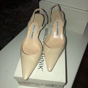Manolo Blahnik tan leather halter pump.